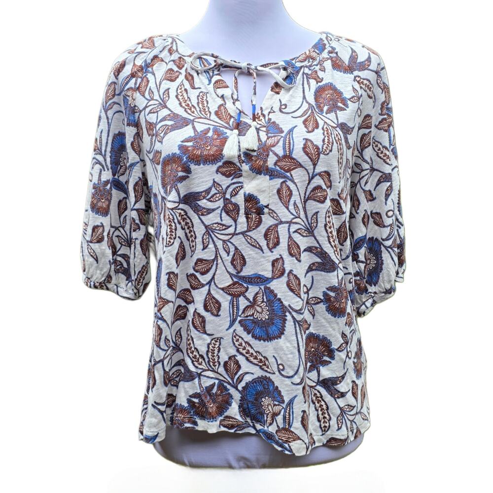 Rachel Zoe M Top Linen Lyocell Floral Tassel Peasant Blouse Boho Blue Tan Cream